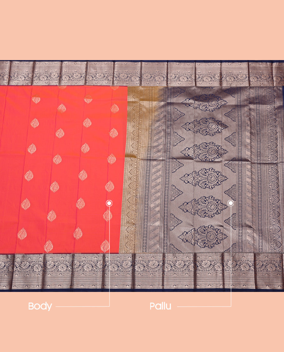 Orange Budget Silk Saree, Detailed with Zari Buttas All Over Its Body, Complemented by a Contrast Traditional Zari Design Border, Intricate Pallu, and Paired with a Contrast Blouse
