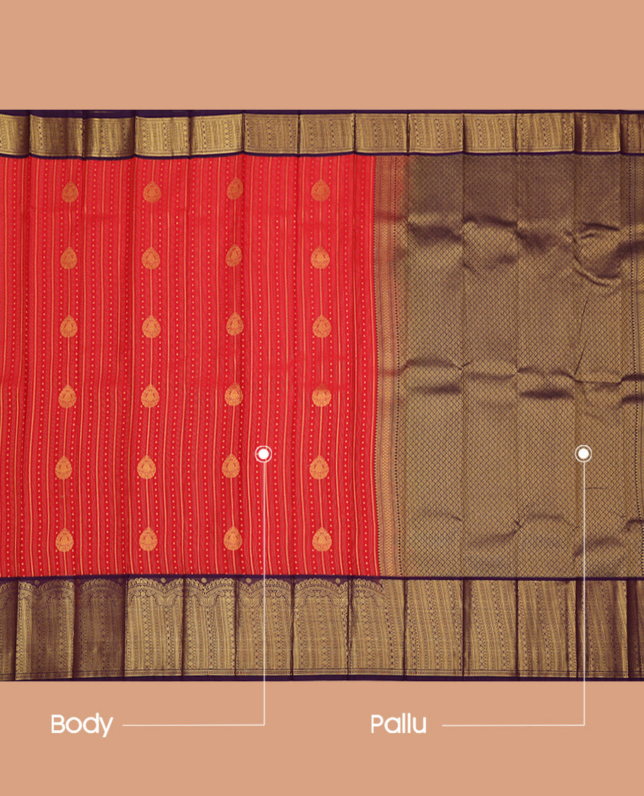 Red Budget Silk Saree, Showcasing Zari Designs All Over Its Body, Complemented by Contrast Geometric-Patterned Zari Border, Grand Jaal-Patterned Pallu, and Paired with a Contrast Blouse