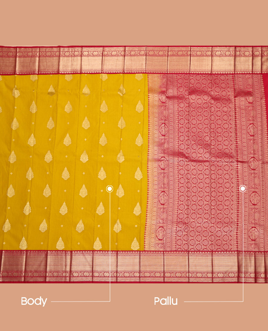 Yellow Budget Silk Saree, Decked Up with Zari Buttas on Its Body, Complemented by a Contrast Traditional Zari Design Border, Grand Pallu, and Paired with a Contrast Blouse