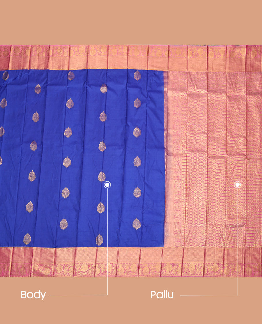 Royal Blue Budget Silk Saree, Mesmerized with Zari Buttas, Complemented by a Contrast Traditional Border, Jaal Pallu, and a Contrast Blouse