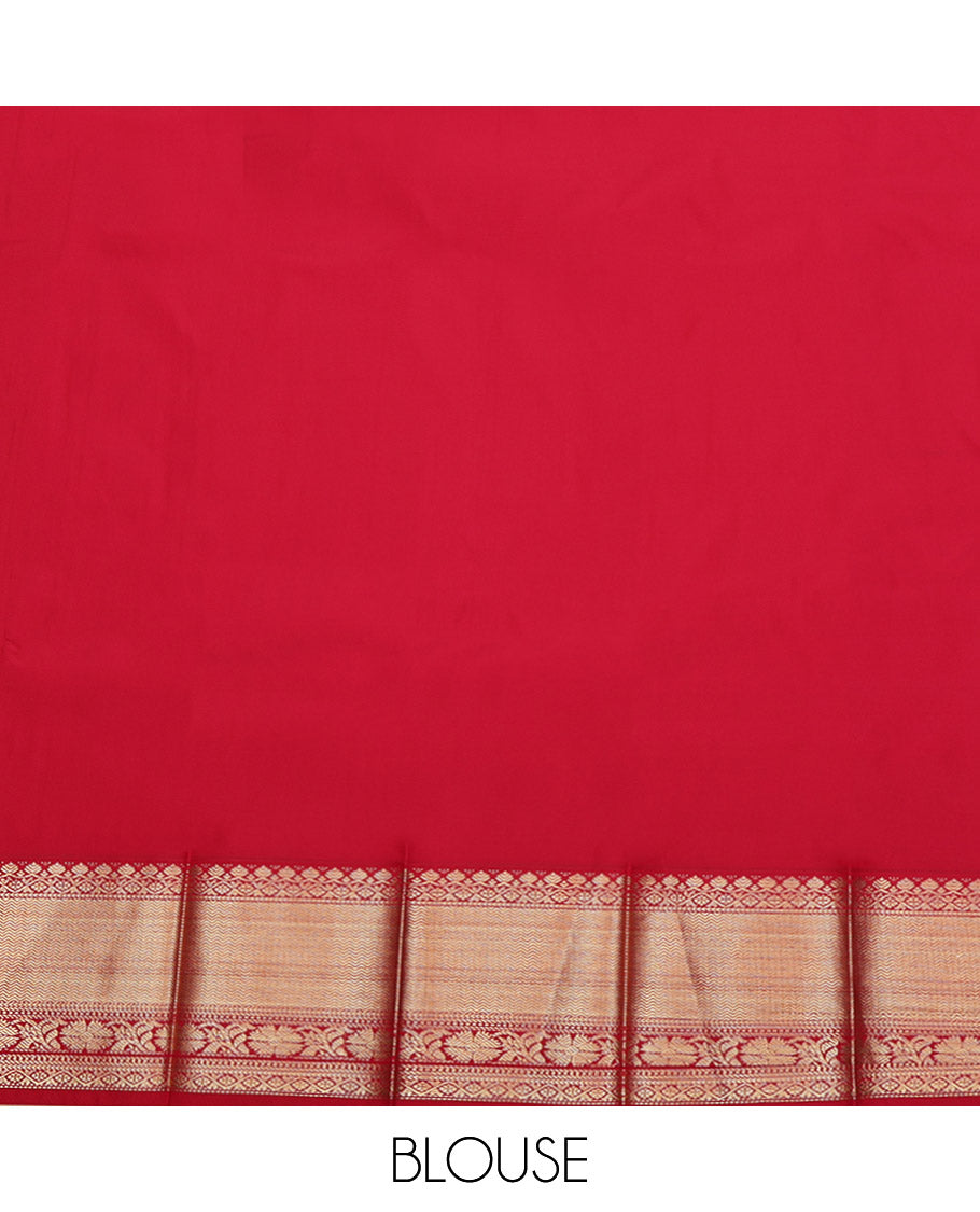 Yellow Budget Silk Saree, Decked Up with Zari Buttas on Its Body, Complemented by a Contrast Traditional Zari Design Border, Grand Pallu, and Paired with a Contrast Blouse