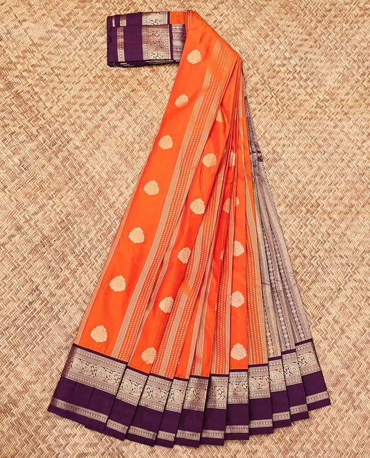 Orange Budget Silk Saree, Masterfully Woven with Zari Buttas and Stripes, a Contrast Traditional Zari Rettai Pettu Border, Grand Pallu, and a Contrast Blouse