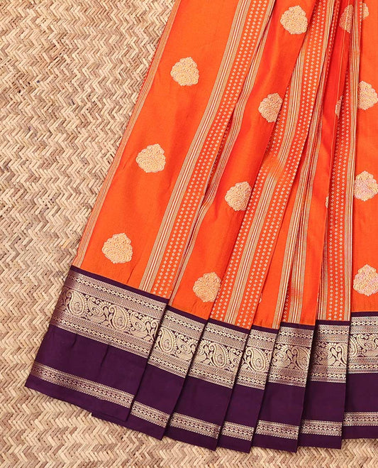 Orange Budget Silk Saree, Masterfully Woven with Zari Buttas and Stripes, a Contrast Traditional Zari Rettai Pettu Border, Grand Pallu, and a Contrast Blouse