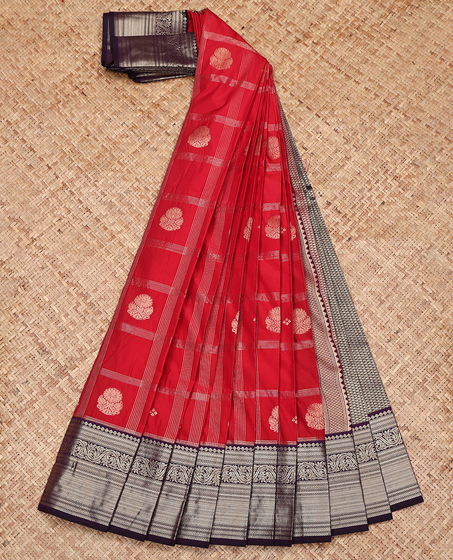 Red Budget Silk Saree, Accentuated with Zari Butta Enclosed Checked Design on Its Body, Complemented by a Contrast Traditional Zari Design Border, Grand Jaal-Patterned Pallu, and Paired with a Contrast Blouse
