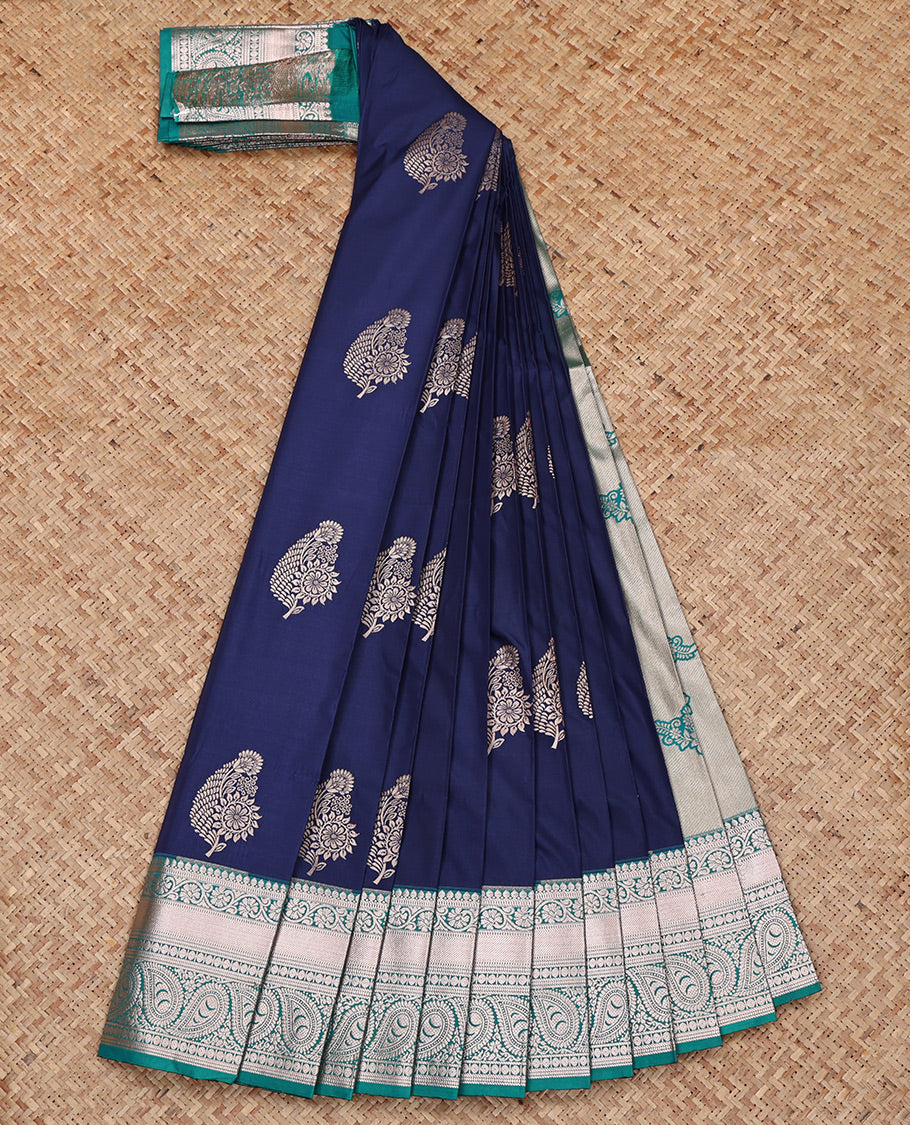Blue Budget Silk Saree, Gleamed Up with Zari Buttas All Over Its Body, Complemented by a Contrast Traditional Zari Design Border, Intricate Pallu, and Paired with a Contrast Blouse