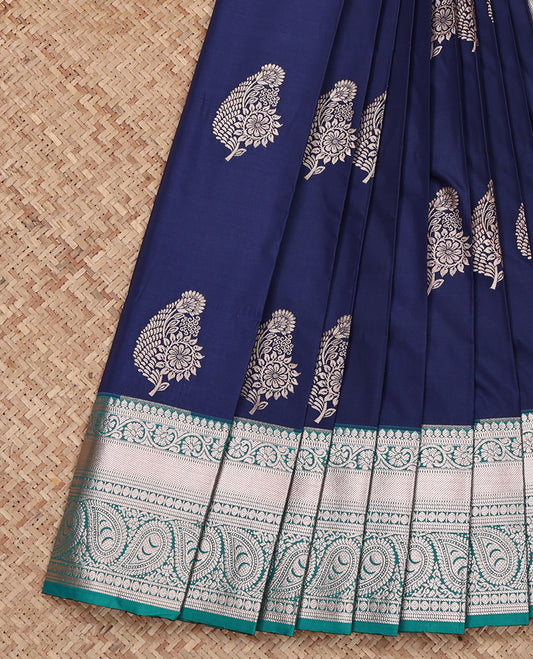 Blue Budget Silk Saree, Gleamed Up with Zari Buttas All Over Its Body, Complemented by a Contrast Traditional Zari Design Border, Intricate Pallu, and Paired with a Contrast Blouse