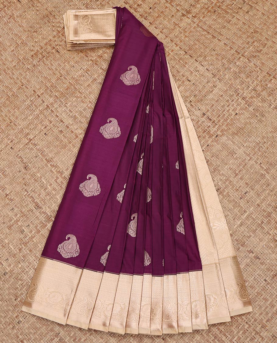 Purple Budget Silk Saree, Enthralled with Zari Buttas on Its Body, Complemented by a Contrast Traditional Zari Design Border, Intricately Designed Pallu, and Paired with a Contrast Blouse