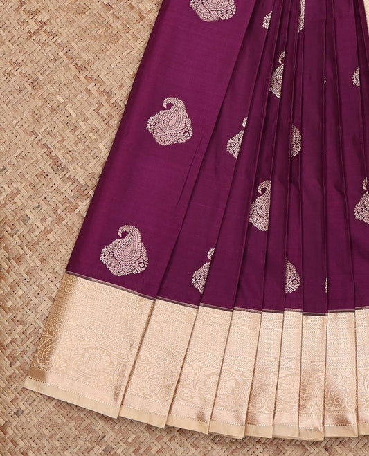 Purple Budget Silk Saree, Enthralled with Zari Buttas on Its Body, Complemented by a Contrast Traditional Zari Design Border, Intricately Designed Pallu, and Paired with a Contrast Blouse