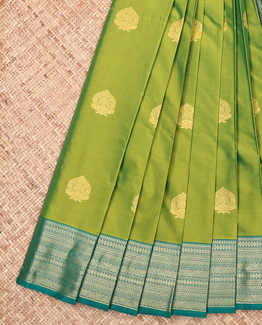 Leaf Green Budget Silk Saree, Bedecked with Zari Buttas, Complemented by a Contrast Traditional Zari Border, Jaal Pallu, and a Contrast Blouse