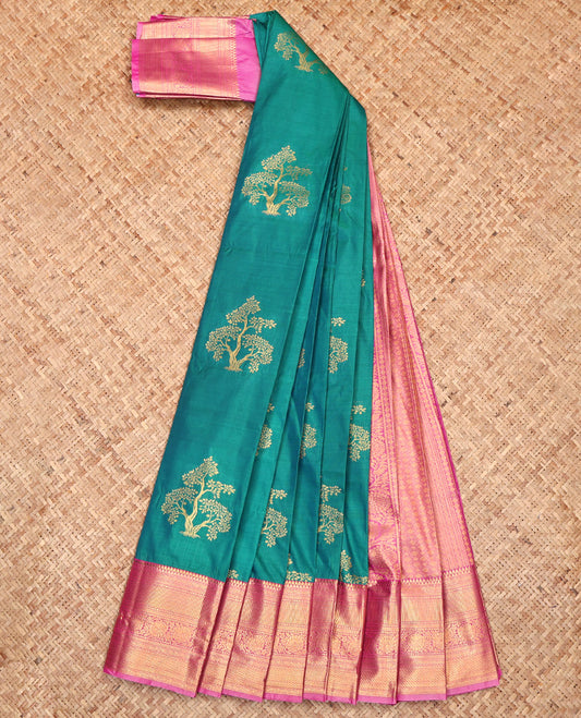 Green Budget Silk Saree, Woven with Tree Zari Buttas, Complemented by a Contrast Traditional Border, Grand Pallu, and a Contrast Blouse