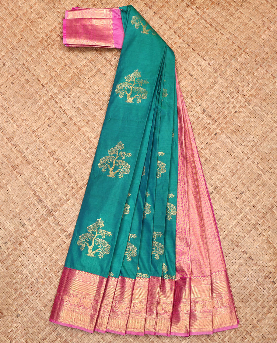 Green Budget Silk Saree, Woven with Tree Zari Buttas, Complemented by a Contrast Traditional Border, Grand Pallu, and a Contrast Blouse
