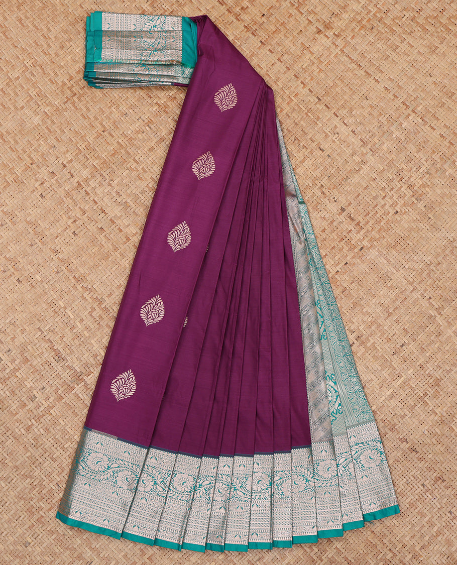Violet Budget Silk Saree, Decorated with Zari Buttas, Complemented by a Contrast Traditional Zari Border, Grand Pallu, and a Contrast Blouse