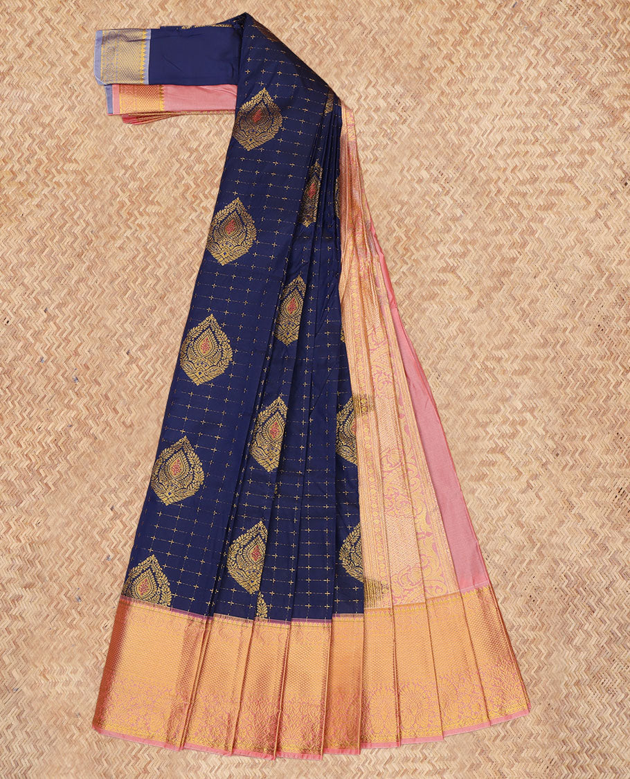 Blue Budget Silk Saree, Enriched with Zari Buttas and Checks, a Contrast Traditional Zari Border, Grand Pallu, and a Contrast Blouse