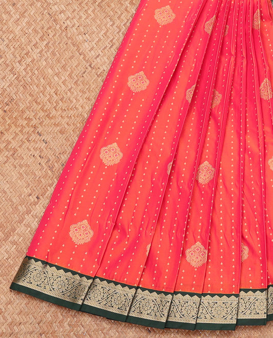 Orange Budget Silk Saree, Meticulously Crafted with Zari Buttas, Complemented by a Contrast Traditional Zari Border, Geometric Pallu, and a Contrast Blouse