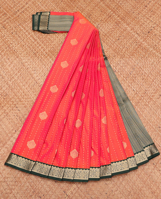 Orange Budget Silk Saree, Meticulously Crafted with Zari Buttas, Complemented by a Contrast Traditional Zari Border, Geometric Pallu, and a Contrast Blouse