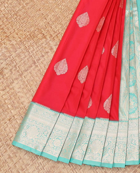 Red Budget Silk Saree, Detailed with Zari Buttas, Complemented by Contrast Traditional Zari Border, a Grand Pallu and a Contrast Blouse