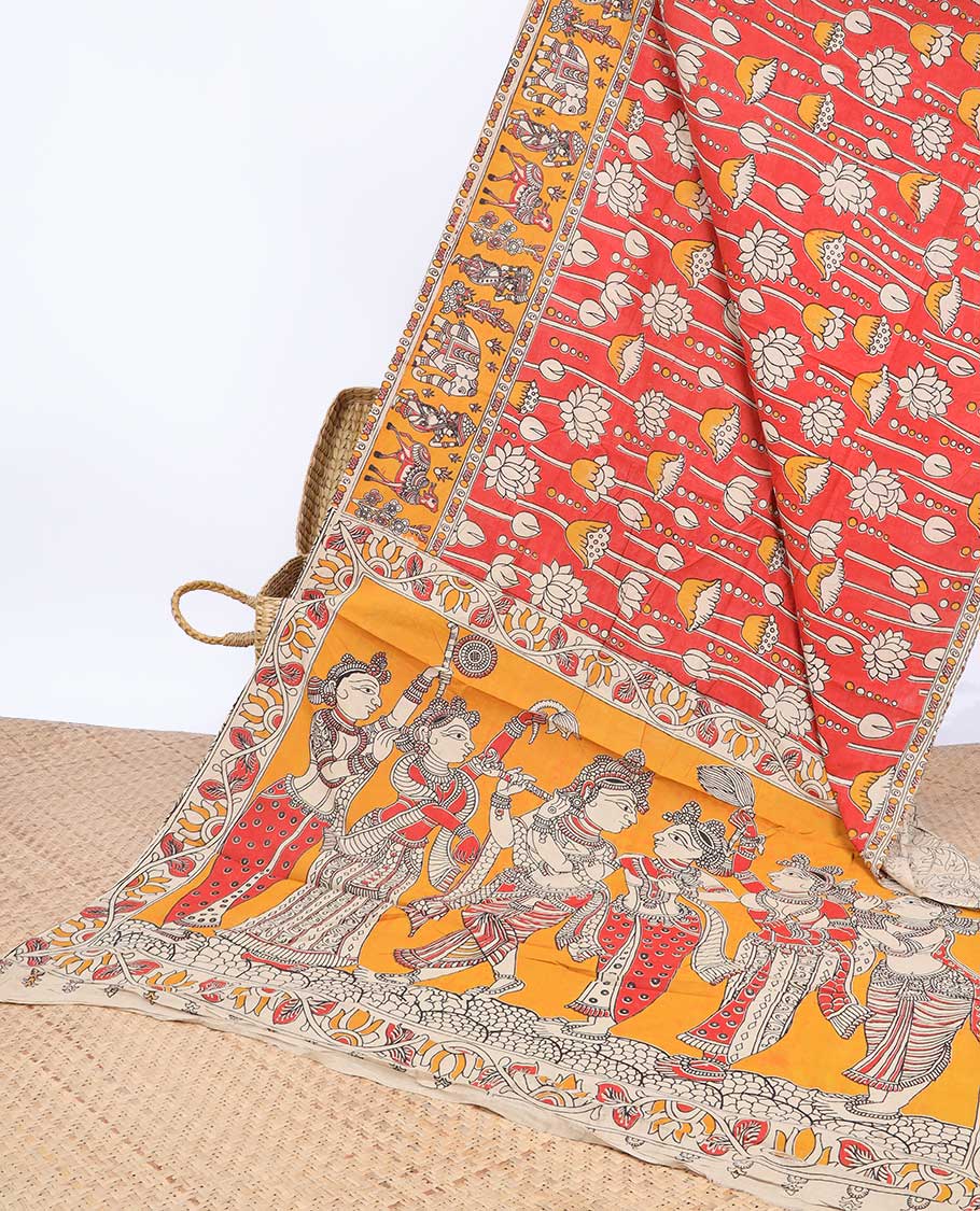 Red floral motifs machine-printed kalamkari cotton saree, contrast unique design border & pallu of ancient figurines