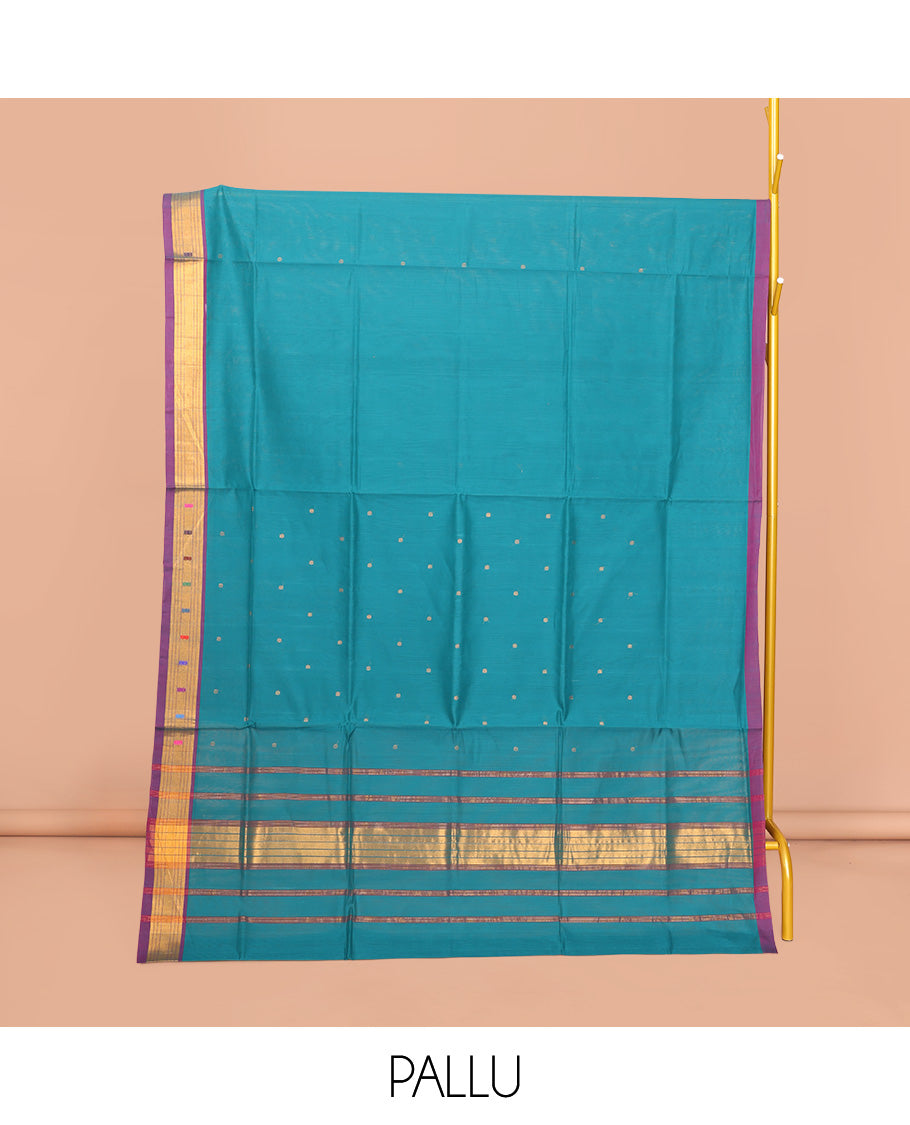 Blue Venkatagiri Cotton Saree Features Buttas, a Contrast Zari-Thread Border, Pallu of Stripes, and No Blouse