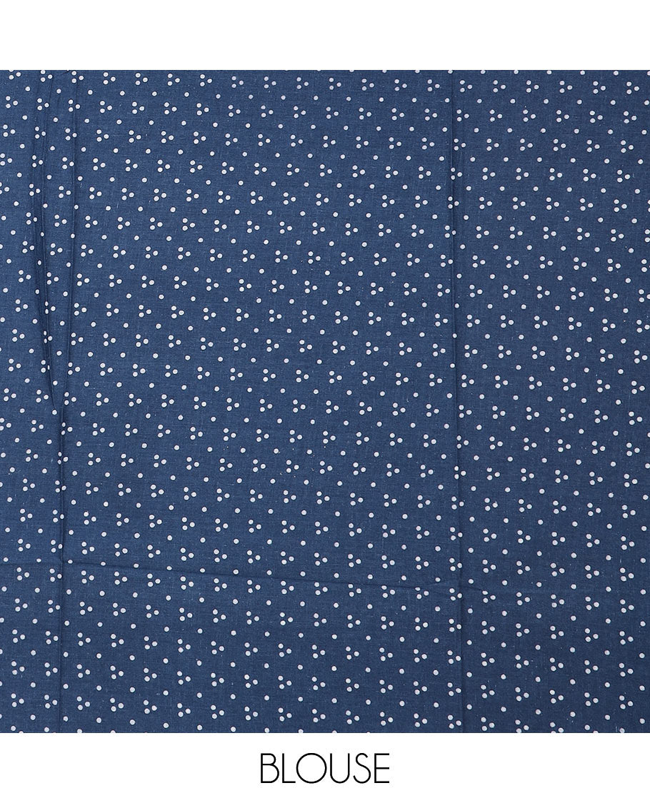 Blue batik floral-paisley vine printed mul mul cotton saree, floral creeper batik printed border & batik printed pallu