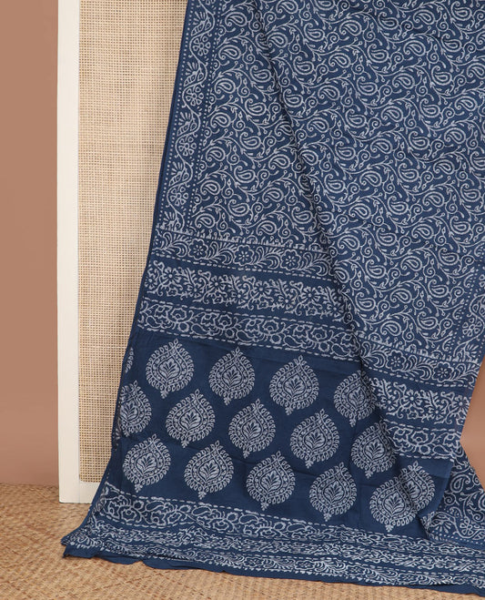 Blue batik floral-paisley vine printed mul mul cotton saree, floral creeper batik printed border & batik printed pallu