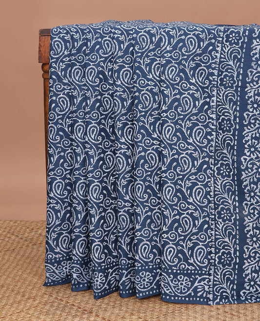 Blue batik floral-paisley vine printed mul mul cotton saree, floral creeper batik printed border & batik printed pallu