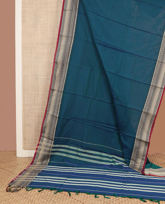 Blue plain design Narayanpet cotton saree, contrast traditional kanchi motifs, thread-woven border & striped pallu