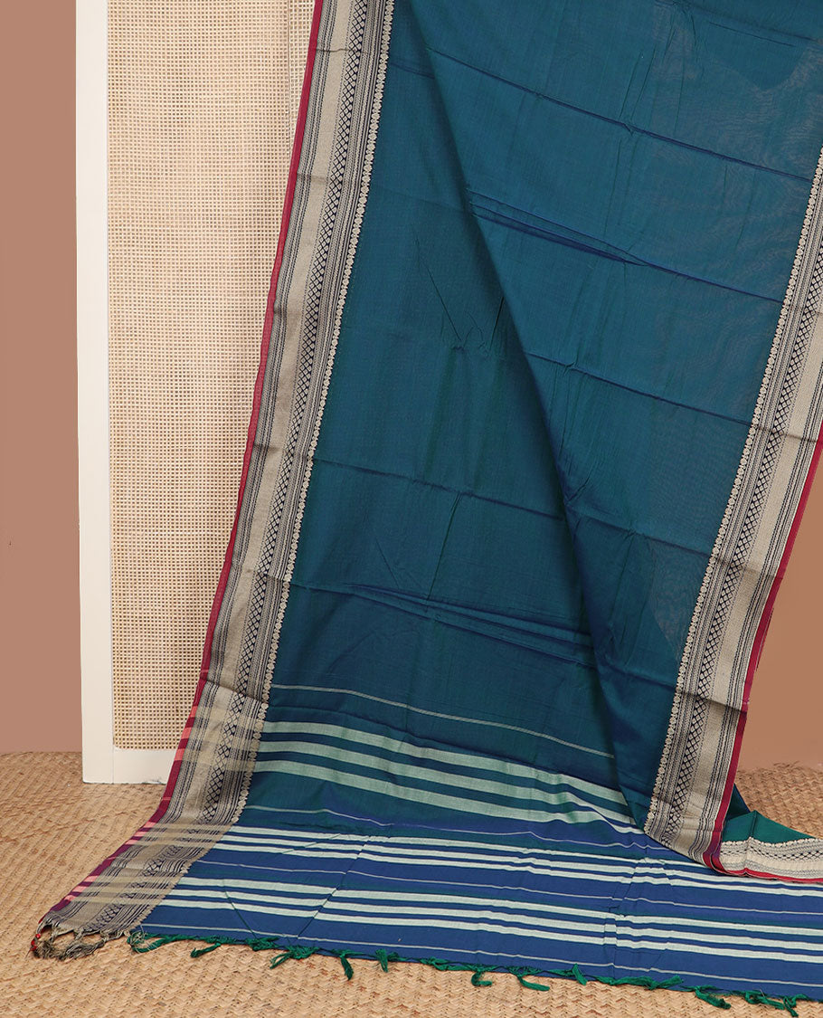 Blue plain design Narayanpet cotton saree, contrast traditional kanchi motifs, thread-woven border & striped pallu