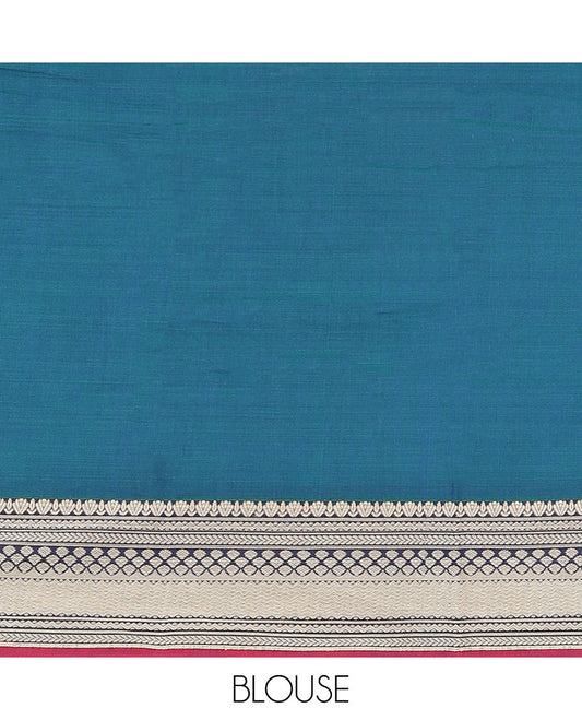 Blue plain design Narayanpet cotton saree, contrast traditional kanchi motifs, thread-woven border & striped pallu