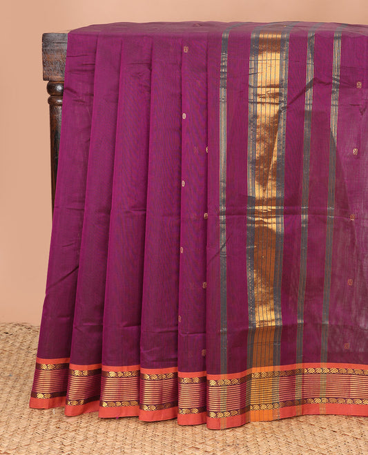 Purple zari buttas Venkatagiri cotton saree, contrast traditional zari border, and striped pallu