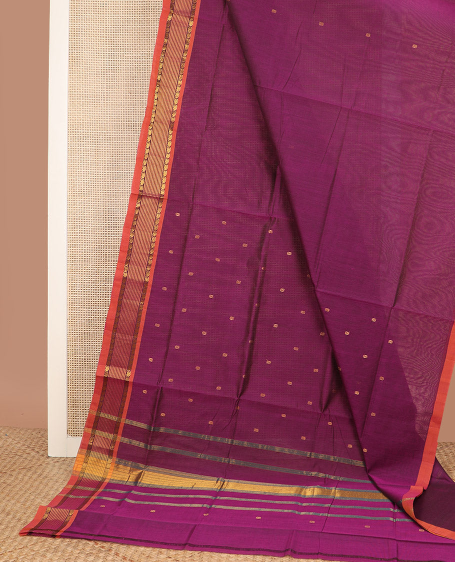 Purple zari buttas Venkatagiri cotton saree, contrast traditional zari border, and striped pallu