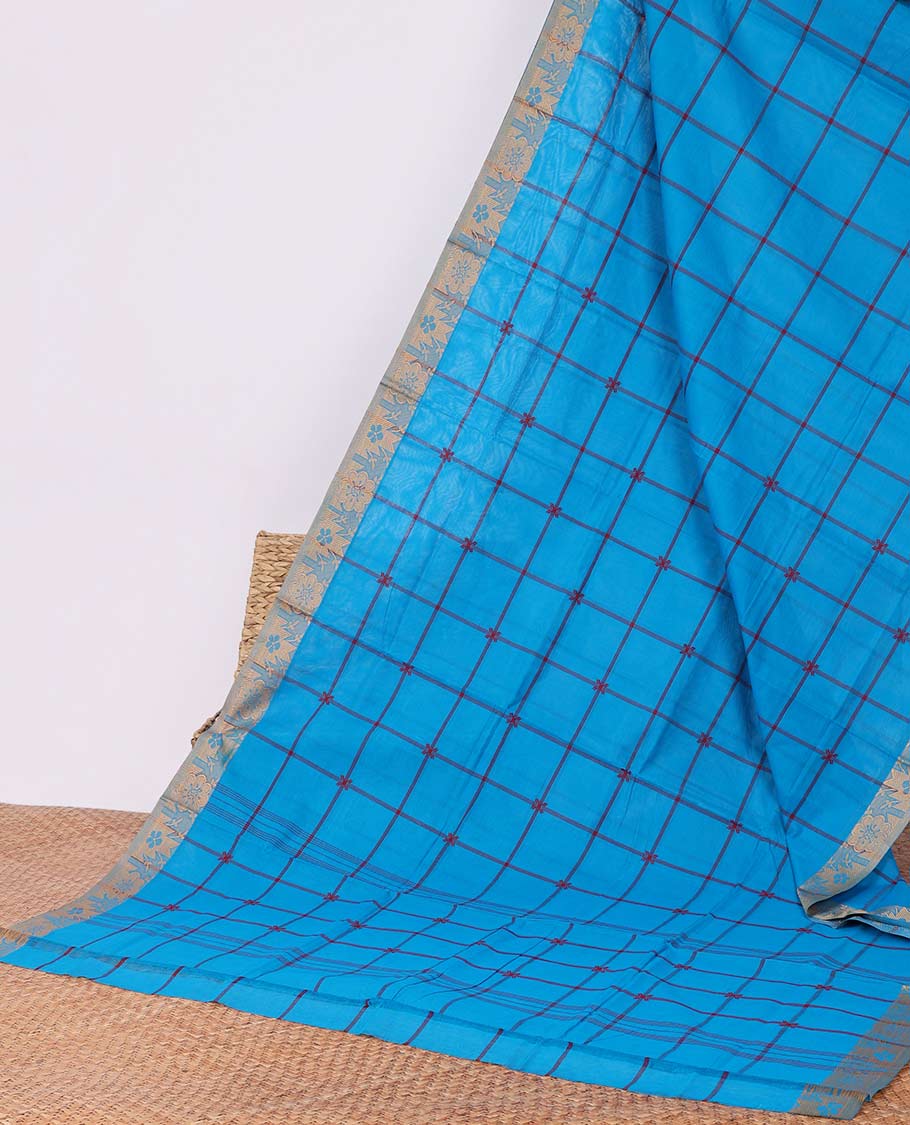 Blue Chettinad cotton saree with buttas, contrast temple motifs border