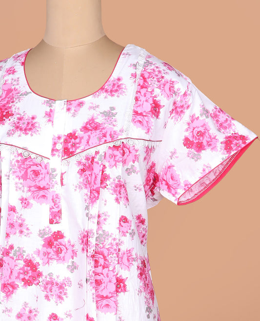 Pink abstract print with round neck embroidered half-sleeve cotton nighty