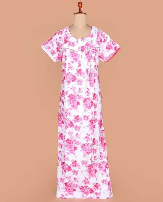 Pink abstract print with round neck embroidered half-sleeve cotton nighty