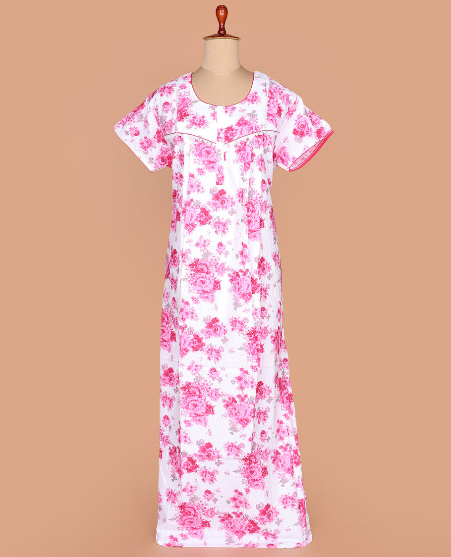 Pink abstract print with round neck embroidered half-sleeve cotton nighty