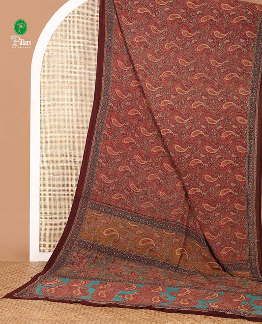 Maroon paisley design mill printed kimaya saree, plain border & paisley printed pallu