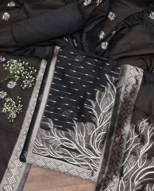 Black material chudidar set, zari design top, plain bottom and floral zari buttas dupatta