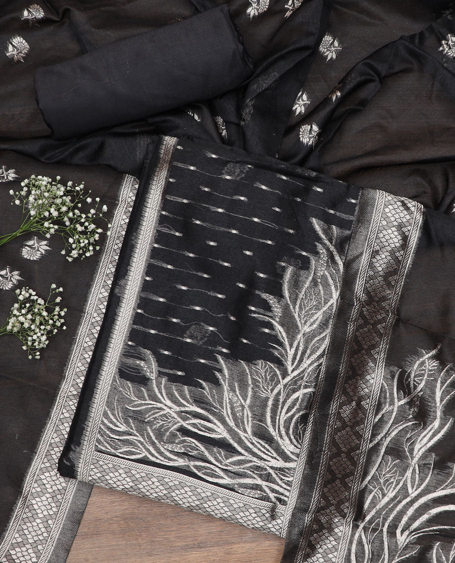 Black material chudidar set, zari design top, plain bottom and floral zari buttas dupatta