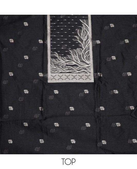 Black material chudidar set, zari design top, plain bottom and floral zari buttas dupatta