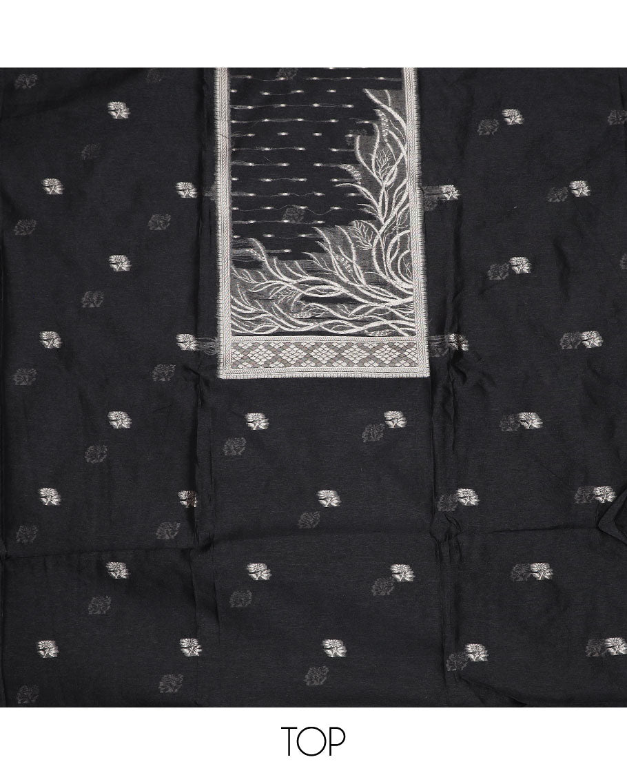 Black material chudidar set, zari design top, plain bottom and floral zari buttas dupatta