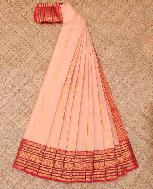 Peach Budget Silk Saree, Sparsely Woven with Zari Buttas, a Contrast Traditional Zari Border, Grand Pallu, and a Contrast Blouse