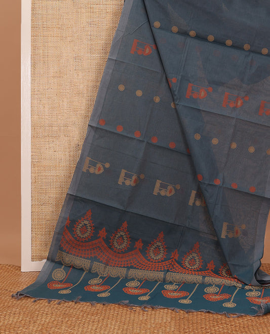 Grey unique  buttas Coimbatore cotton saree, plain border & uniquely designed pallu