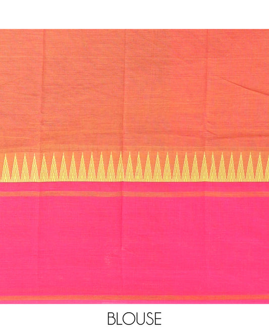 Mustard plain chirala cotton saree, contrast rettai pettu thread temple border & striped pallu