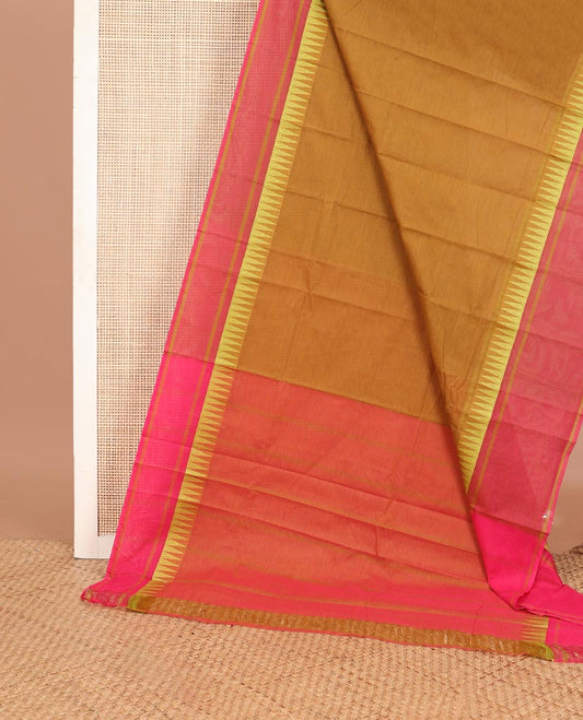 Mustard plain chirala cotton saree, contrast rettai pettu thread temple border & striped pallu