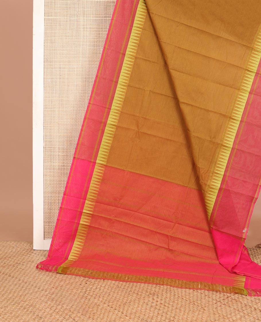 Mustard plain chirala cotton saree, contrast rettai pettu thread temple border & striped pallu