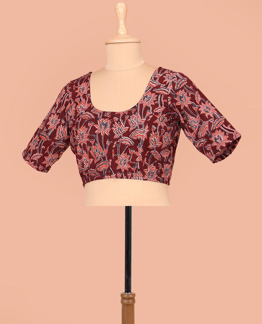 Maroon Cotton Readymade Blouse Bedecked with All-Over Floral Motifs Print, Featuring a Front Round-Neck, a Back Round-Neck, and Elbow Sleeves