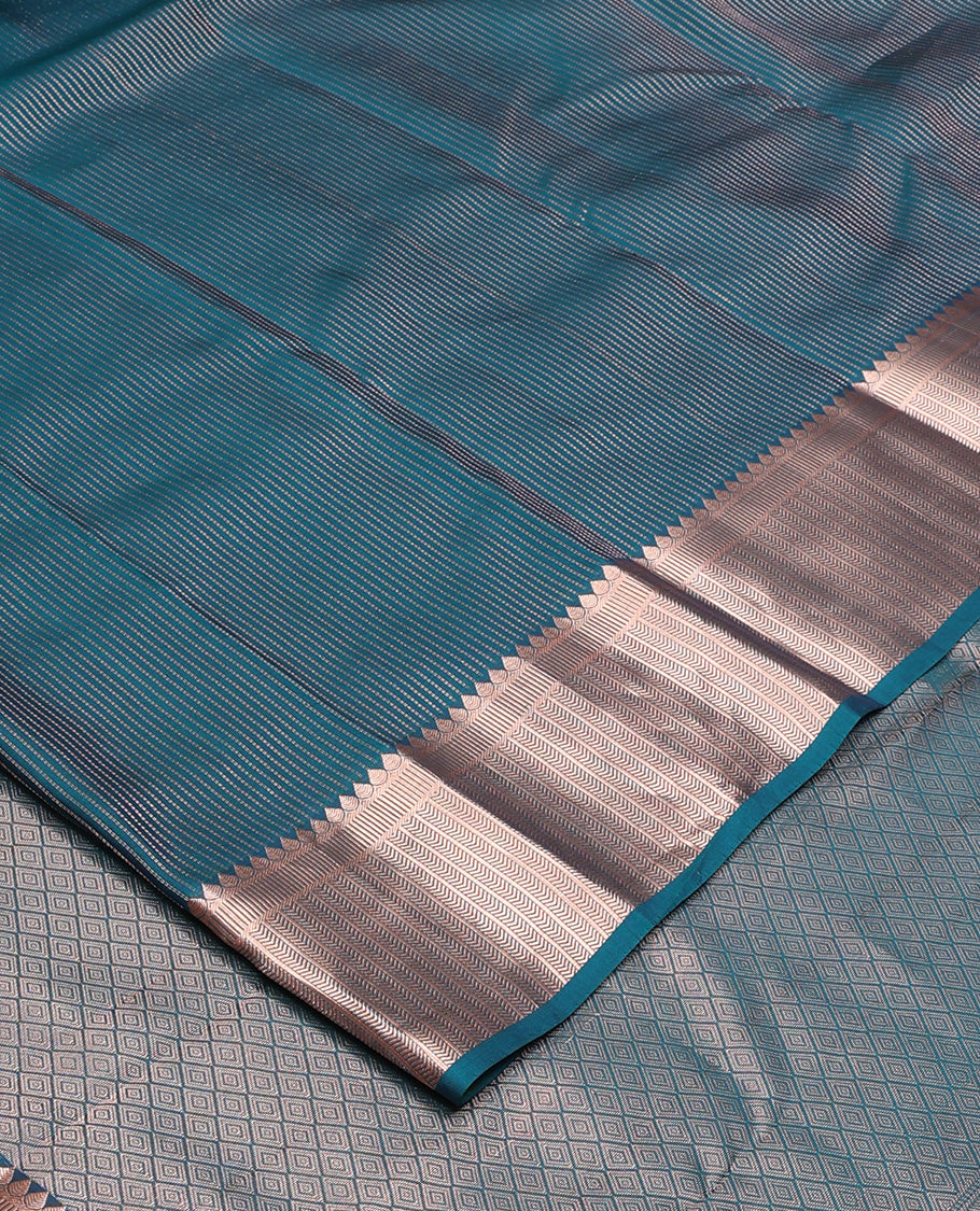 Blue muthu striped Vasundhara silk mix, zari border of thilakam, kathir, and banaras designs, and jaal pallu