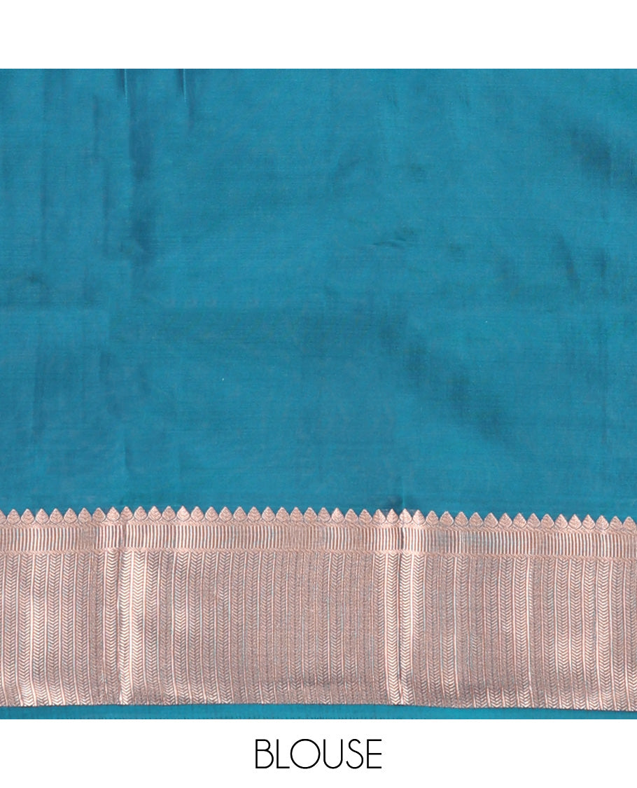 Blue muthu striped Vasundhara silk mix, zari border of thilakam, kathir, and banaras designs, and jaal pallu