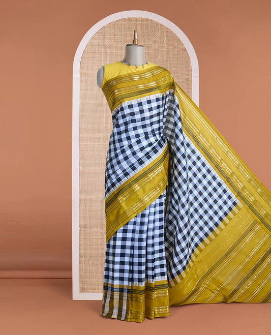 Multi-color checked gadwal silk saree, contrast rettai pettu traditional zari design border & pallu of traditional designs