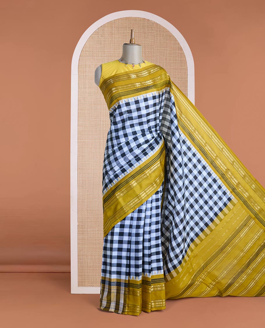 Multi-color checked gadwal silk saree, contrast rettai pettu traditional zari design border & pallu of traditional designs