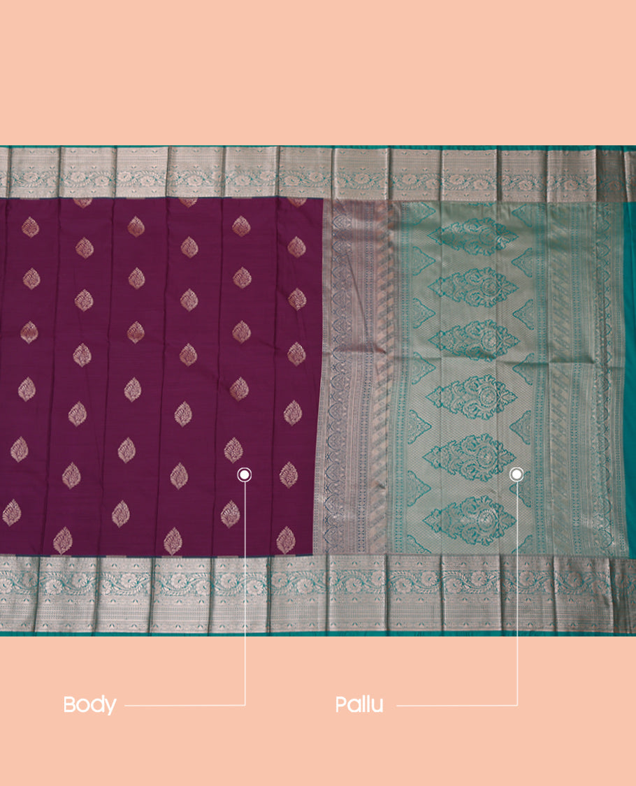 Violet Budget Silk Saree, Decorated with Zari Buttas, Complemented by a Contrast Traditional Zari Border, Grand Pallu, and a Contrast Blouse